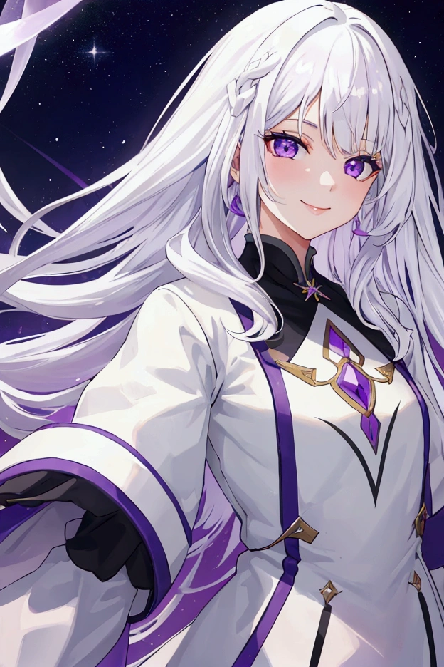 A girl, white hair, purple eyes, smile.