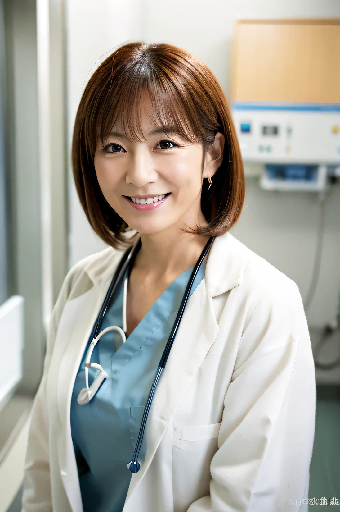 Photorealistic, high resolution, High resolution,Japan Beautiful Nurse, 44 years old, Mature Woman, Smile, White Lab Coat, whole body, hospital, ward