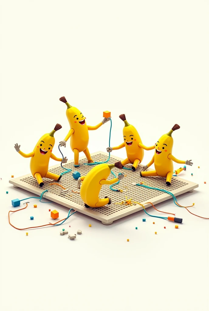 Drawing of small bananas building square circuits on a white background