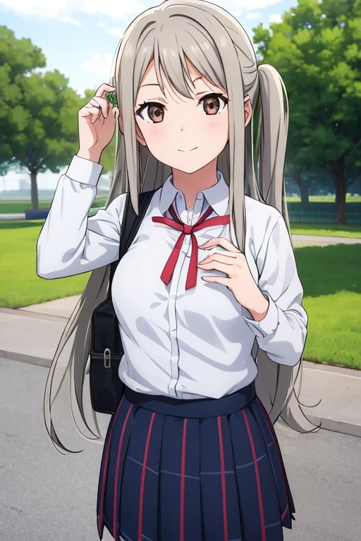 1girl, long grey hair, brown eyes, wearing school uniform, schoolyard, happy, absurdres, high res, ultrasharp, 8K, masterpiece, looking at viewer