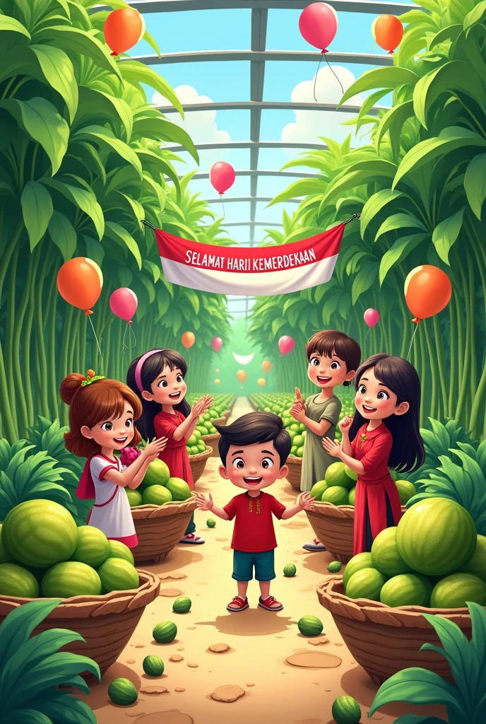 Make a sketch of the celebration of Indonesia&#39;s 79th Independence Day with the theme of picking melons in a greenhouse., together with the community with cartoon characters, There are various types of Indonesian flags, writing "Happy 79th Indonesian Independence Day" in Indonesian language. 