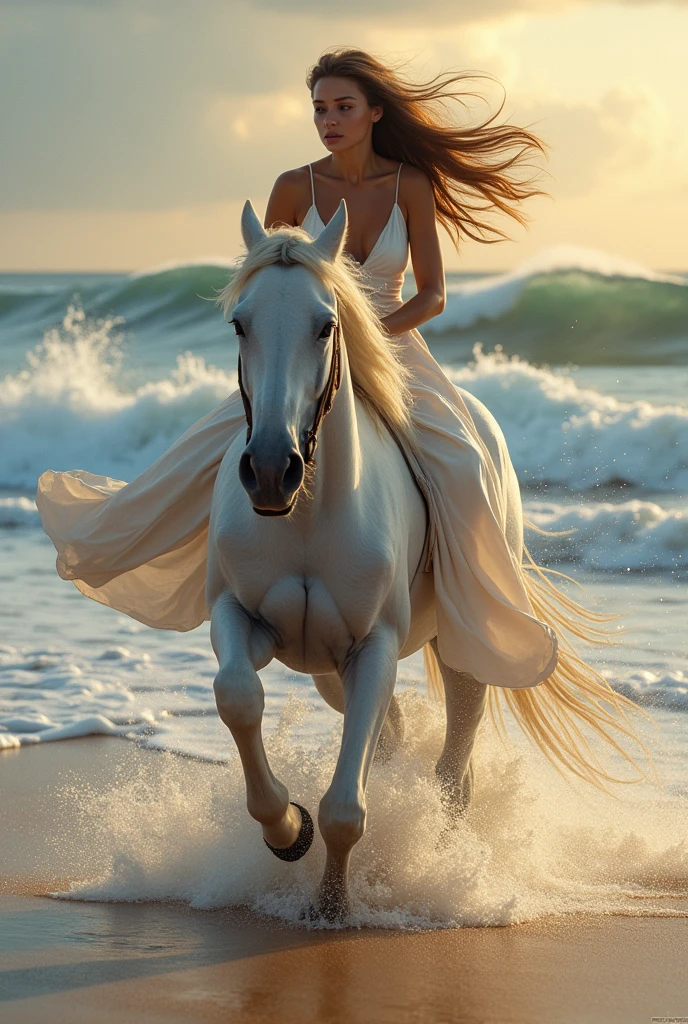 A woman rides a horse along the shore along the ocean. Waves are raging in the ocean. The woman is wearing a white casual summer dress, the sleeve falls over her shoulder, the shoulders are open. A woman's long hair is dynamically developing in the wind. The horse is racing fast. Sandy beach. Masterpiece, Detailed Textures, High detail, 8K, Cinematic, Award-winning works, Digital Painting, Conceptual Art, Photorealistic, Detailed eyes. 16 KB resolution, Nikon Z9, Digital photography, ultratextured skin, Realistic photography, Cinematic effect, soft light, soft shadows, high-quality surround lighting