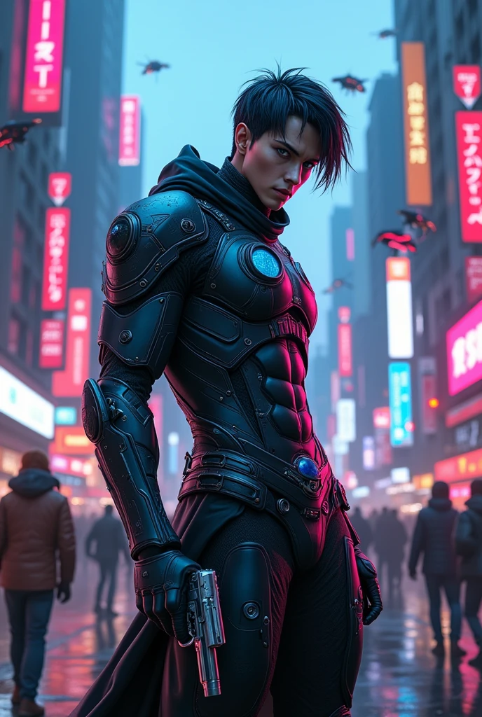 RPG, realistic tall, 1,80 white, weighing 80 kg and thin blue eyes, with two pistols, high-breed male clearance, cyberpunk-style chest armor