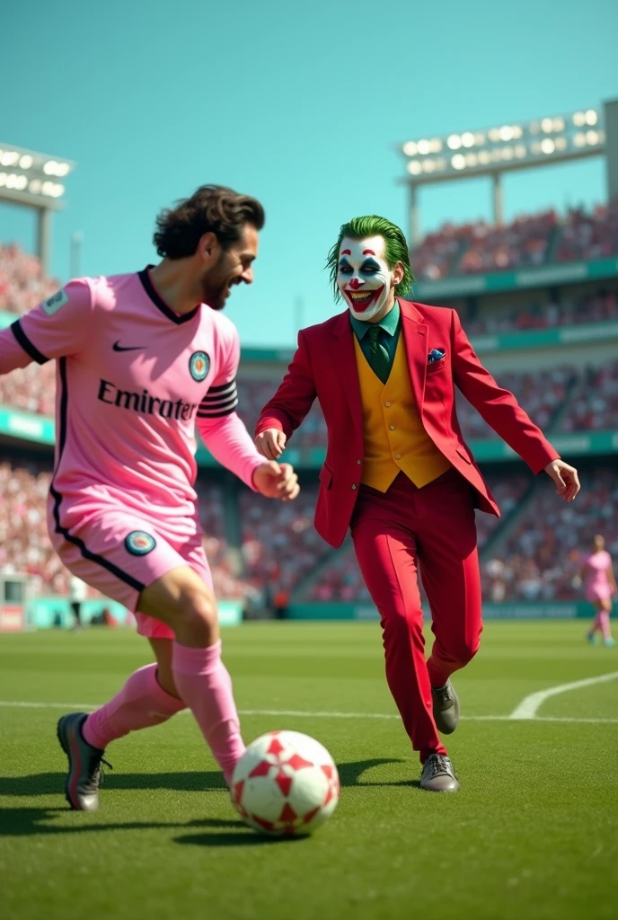 Make Joaquin Phoenix's Joker from the 2019 movie with his original makeup and red suit playing soccer with Lionel Messi in his pink Inter Miami uniform..