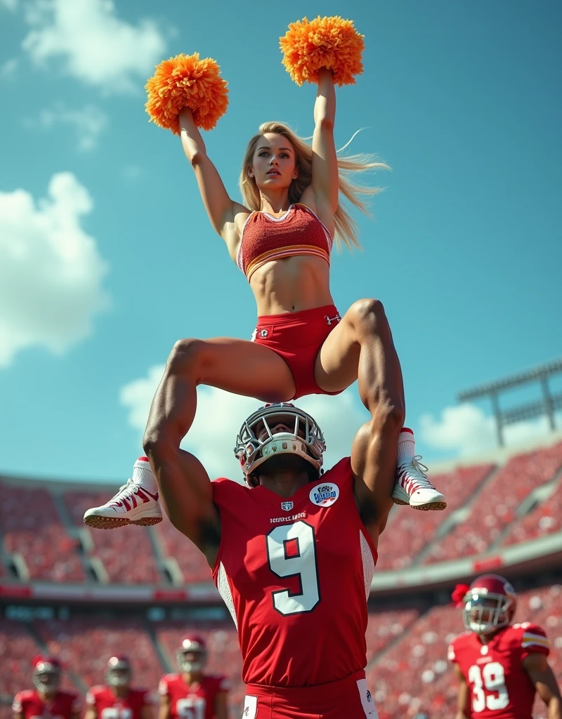 Blonde, Beautiful, and strong cheerleader lifting a large male football player in her strong arms. Photorealistic. View from a distance.