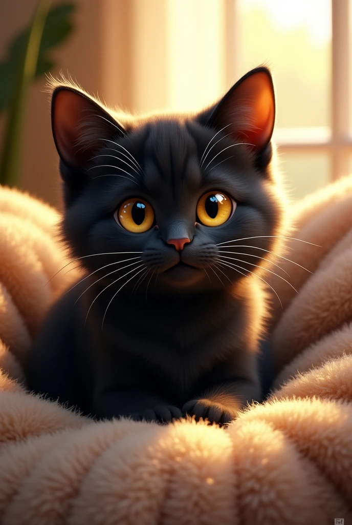Face of a furry black cat with yellow eyes