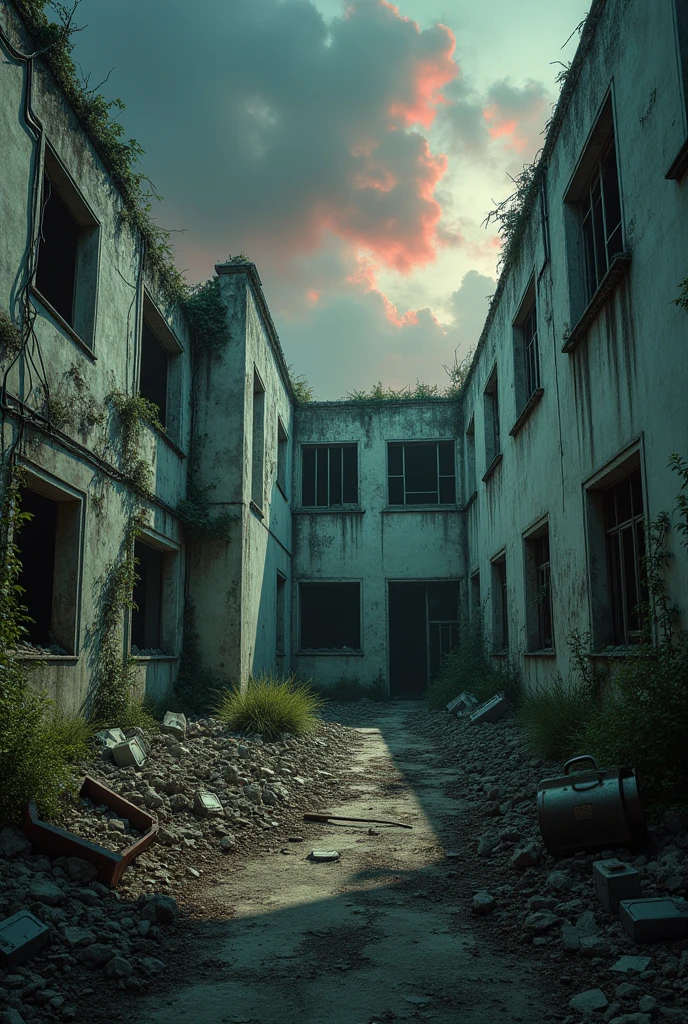 Create an image of a hospital that has been completely destroyed in a post-apocalyptic world. The scene should show crumbling walls, broken windows, and collapsed ceilings, with debris scattered everywhere. The hospital should be dark and eerie, with overgrown plants and rusted medical equipment visible among the wreckage. The sky outside is ominous, with dark clouds or a red hue, adding to the sense of desolation and abandonment. The overall mood should be bleak and haunting, capturing the sense of a once-functional facility now left in ruins.