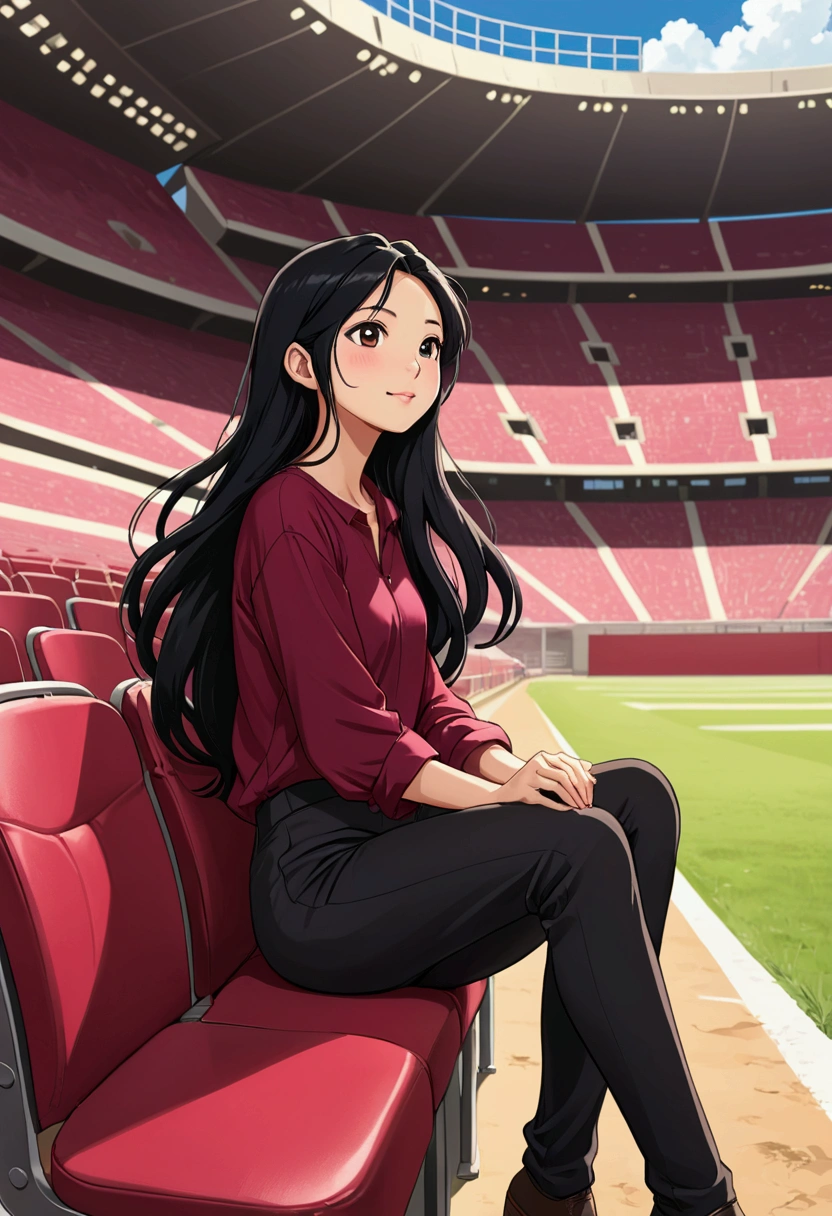 Create a beautiful anime style image of a beautiful young Asian girl with long black hair, sitting on a chair with one of her legs bent over the seat, one arm resting on her knee, she is relaxed, inside a huge stadium, she is dressed in loose black pants and is wearing a burgundy shirt, she is alone, with her eyes excited and pensive looking up at the sky, with a smile, enjoying her moment alone and taking stock of everything she has achieved, she is happy.