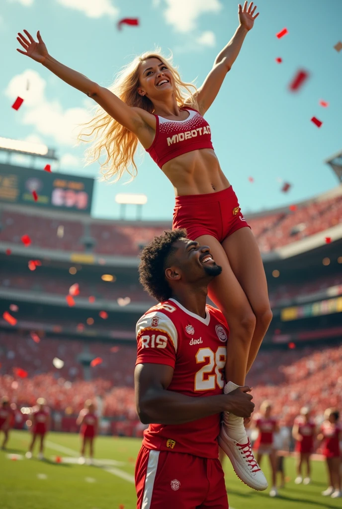 Blonde, Beautiful, and strong cheerleader lifting a large male football player high above her head with her strong arms. Photorealistic. View from a distance. Wide angle.