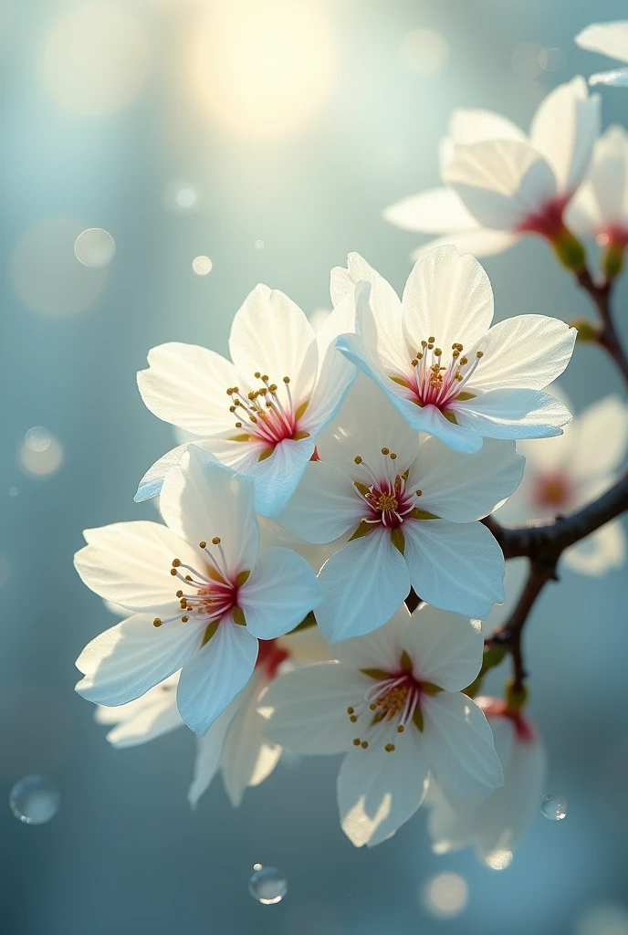 bouquet of white plum blossoms, Ultra-transparent, holy light, beautiful spectral light, dew on petals, lively movement, Morning background, Transparent droplets, reflected light, bright, light flowing inward, optics, portrait silhouette, sharp focus, magical, convoluted, surrealism, fancy, composition, light, art station trend, pearl, silver Patronus cloud pair, pseudo-surround ray product line 16k, ureal ar 23v4 uplight