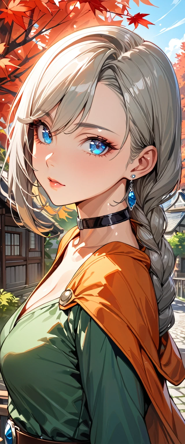 (masterpiece, best quality:1.3), looking at viewer, upper body, portrait, 1girl, solo, dqBianca, blue eyes, single braid, earrings, orange cape, green dress, belt, choker, beautiful eyes, beautiful face, shiny skin, glossy skin, maple trees, village, outdoors, 