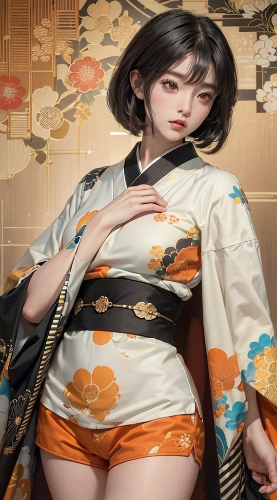 ((8k wallpaper of extremely detailed CG unit, masterpiece, hight resolution, top-quality, top-qualityのリアルテクスチャスキン)), (a very beautiful woman, Plump lips, The upper part of the body, Posing like a model:1.5, Japanese pattern blouson:1.2, Japanese pattern micro mini shorts:1.2), (A dark-haired, hair messy, de pele branca, small tit), ((Colorful background with geometric patterns, Japanese pattern background, warm color)), (hyper realisitic, digitial painting),