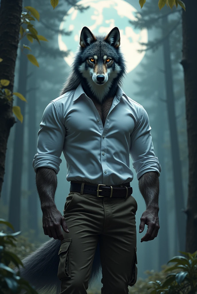 A wolf with a human body, wearing a formal shirt, with cargo pants