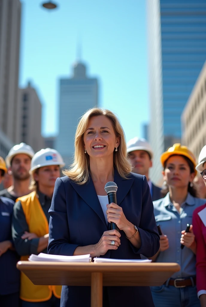 An image with a mayoral candidate with a microphone answering an interview with reporters and a group of workers in the audience