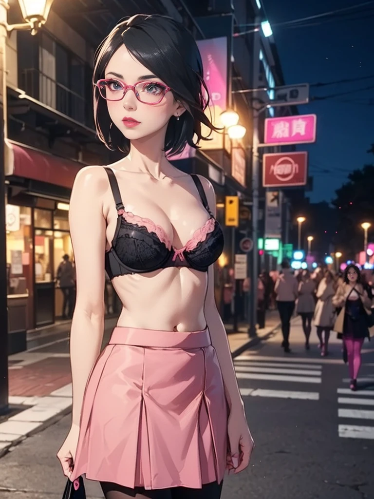 (((Nipple slip))), ((((Close up))), (1girl, solo, alone), (WakatsukiRisa, Sarada Uchiha, black hair, short hair, black eyes, red glasses), ((solo, (1woman, pink lipstick, (small breasts)), Extremely detailed, ambient soft lighting, 4k, perfect eyes, a perfect face, perfect lighting, a 1girl)), austere, ((parading on the sidewalk, (black bra, ), (((pink skirt)))))), (beige plaid skirt, short plaid skirt), high-heeled boots, (stiletto heel, thin heel), high-heeled boots, thigh-high boots, thigh and beige skirt, high boots, sexy look, wearing beige skirt, sexy clothes, in the city, monument, modern sculpture, Bella Poarca, Bela Vista, with neon lights, (pantyhose), boots above knee, night, lighting))