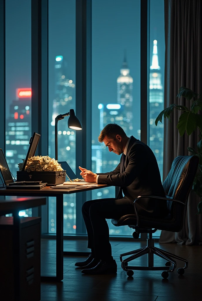 I want an image of a businessman, who has a lot of money but clearly looks tired, with dark circles, in a work environment thinking about creating new ads to get even more money, He is completely unhappy. I want it to be as realistic as possible