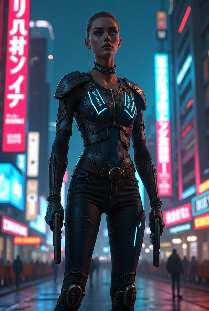 RPG, realistic tall, 1,80 white, weighing 80 kg and thin blue eyes, with two pistols, high-breed male clearance, cyberpunk style chest armor with vintage color