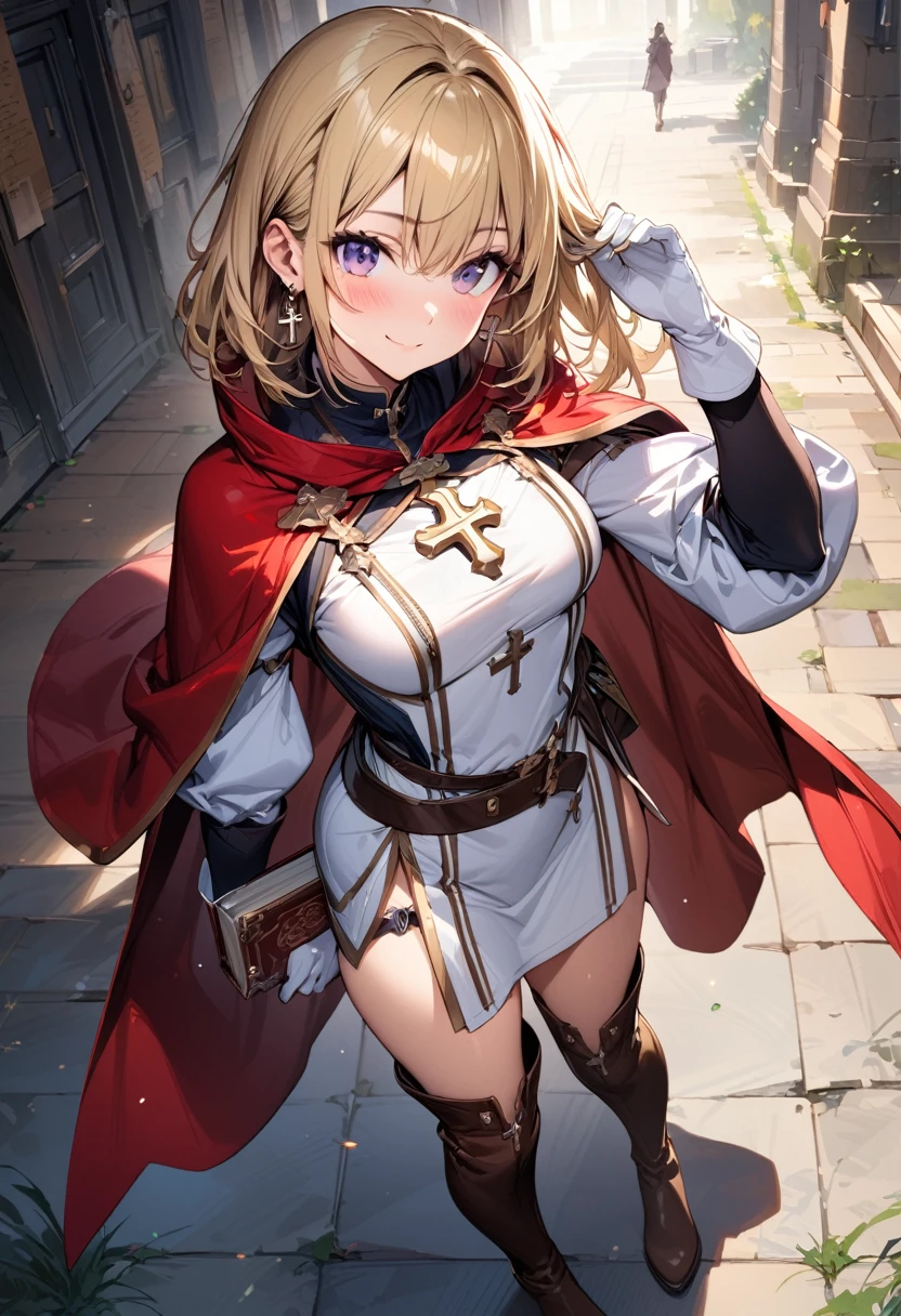 (masterpiece),(best quality),(ultra-detailed),(best illustration),(best shadow),(absurdres),(detailed background),(very aesthetic), 1girl, solo, smile, boots, blonde-hair, purple-eyes, gloves, looking-at-viewer, thighhighs, full-body, cape, white-gloves, dress, red-cape, closed-mouth, white-dress, side-slit, book, long-sleeves, simple-background, standing, brown-thighhighs, brown-footwear, outline, belt, knee-boots, cross, jewelry, juliet-sleeves, tabard, medium-hair, earrings, blush, hand-in-own-hair, puffy-sleeves
