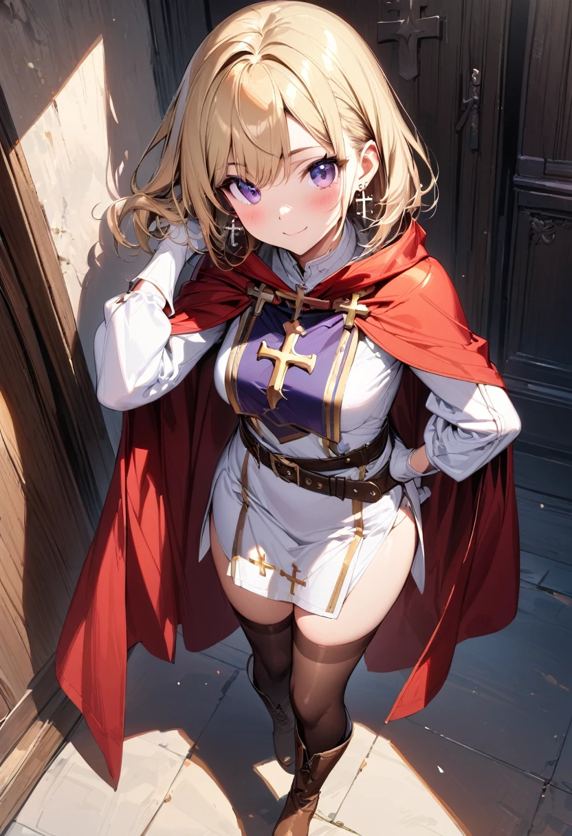 (masterpiece),(best quality),(ultra-detailed),(best illustration),(best shadow),(absurdres),(detailed background),(very aesthetic), 1girl, solo, smile, boots, blonde-hair, purple-eyes, gloves, looking-at-viewer, thighhighs, full-body, cape, white-gloves, dress, red-cape, closed-mouth, white-dress, side-slit, book, long-sleeves, simple-background, standing, brown-thighhighs, brown-footwear, outline, belt, knee-boots, cross, jewelry, juliet-sleeves, tabard, medium-hair, earrings, blush, hand-in-own-hair, puffy-sleeves
