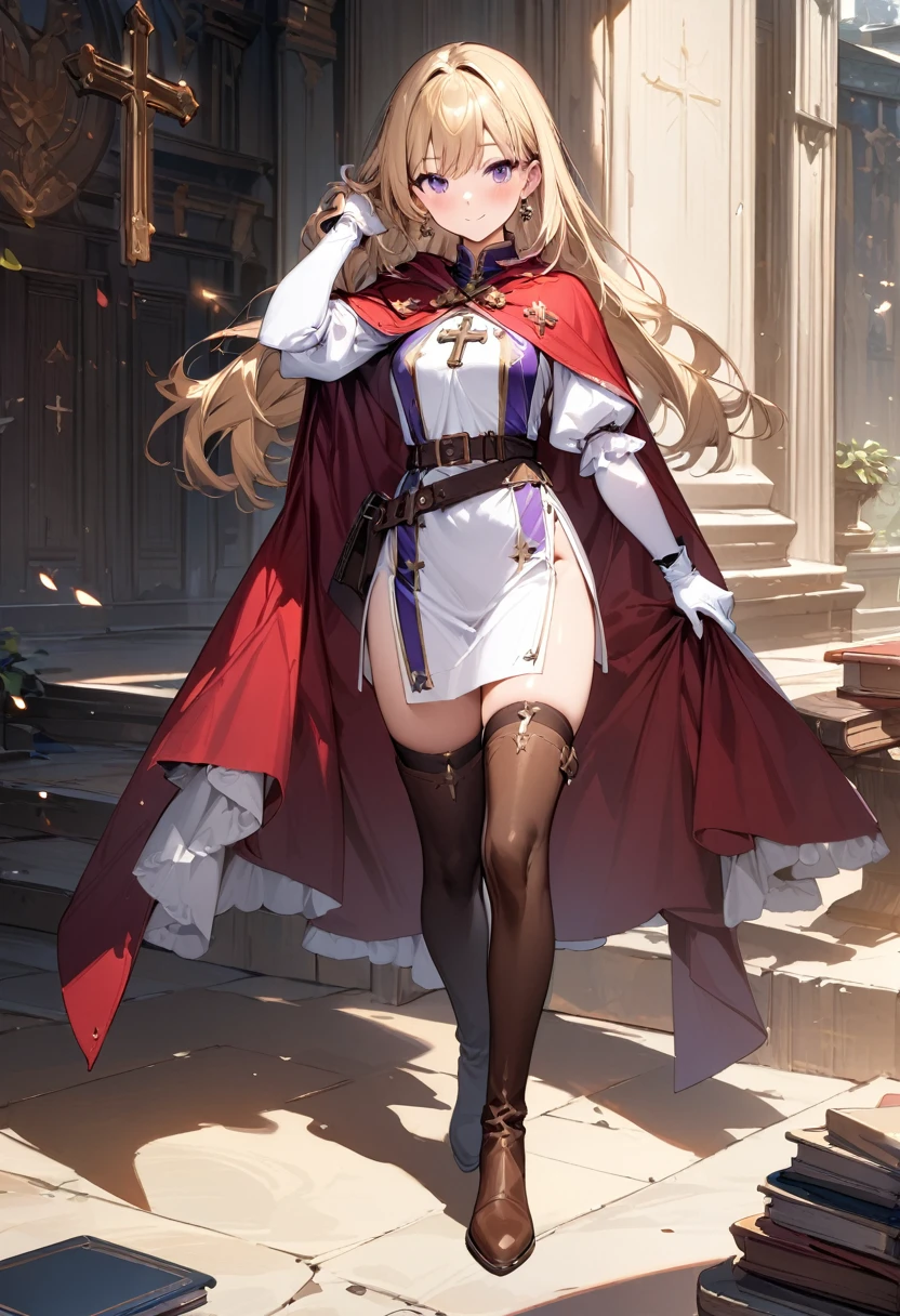 (masterpiece),(best quality),(ultra-detailed),(best illustration),(best shadow),(absurdres),(detailed background),(very aesthetic), 1girl, solo, smile, boots, blonde-hair, purple-eyes, gloves, looking-at-viewer, thighhighs, full-body, cape, white-gloves, dress, red-cape, closed-mouth, white-dress, side-slit, book, long-sleeves, simple-background, standing, brown-thighhighs, brown-footwear, outline, belt, knee-boots, cross, jewelry, juliet-sleeves, tabard, medium-hair, earrings, blush, hand-in-own-hair, puffy-sleeves
