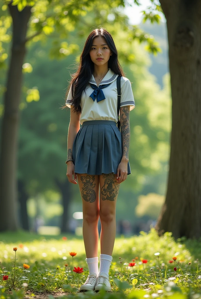 Tall, black-skinned, large-breasted, Chinese woman with tattoos, dressed as a schoolgirl, in a park background. 