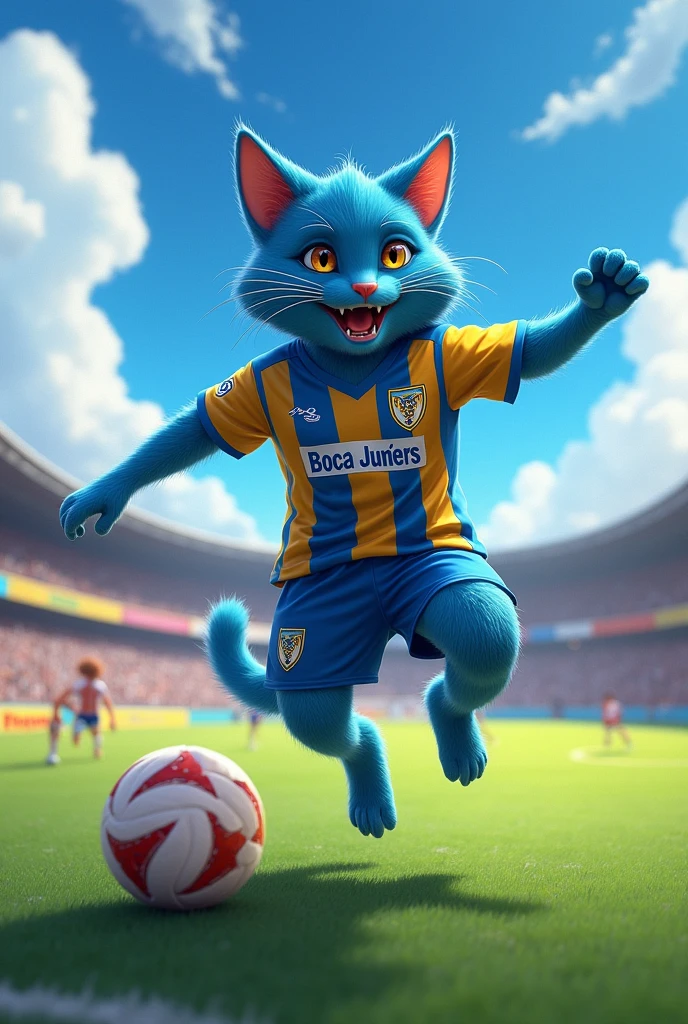 Blue cat kicking a soccer ball, blue and gold shirt, Blue shorts and in the center of the shirt it says boca juniors 