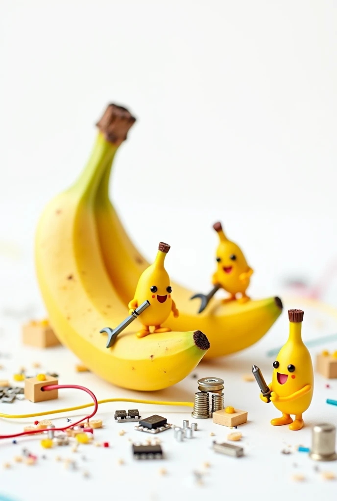 Drawing of small bananas building square circuits on a white background