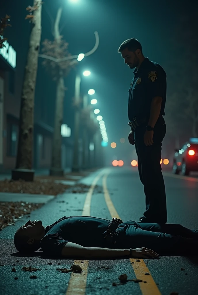 4k, ultra realistic, realistic, textured skin, crime scene, man, rated pg, dead body, policeman
