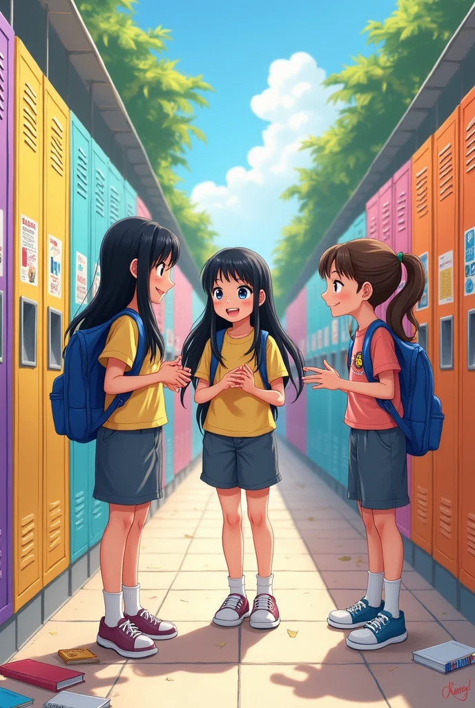 a drawing of a pale skin girl with straight black hair talking with 2 school