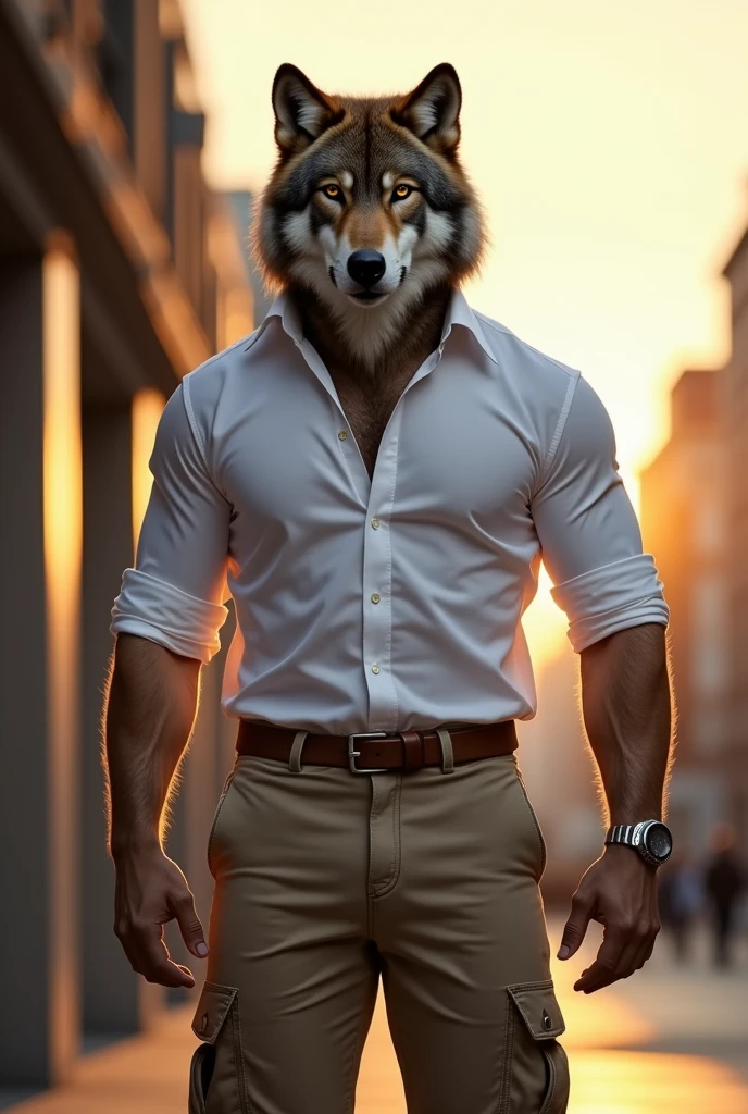 A wolf with a human body, wearing a formal shirt, with cargo pants