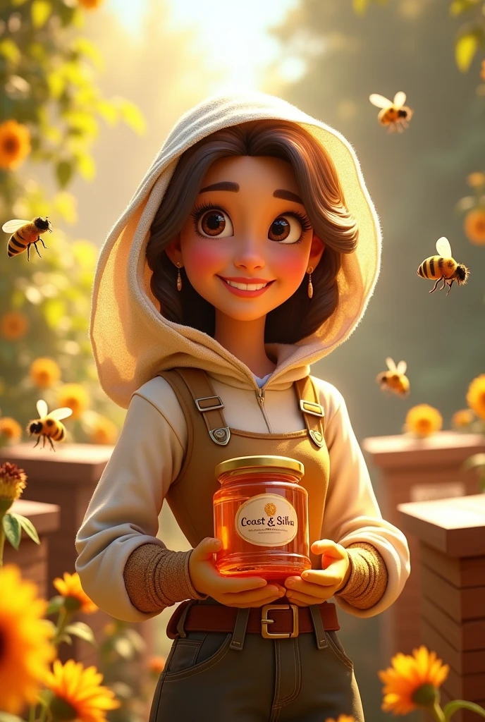 Create a 3d Disney Pixar style character for me , of a woman collecting honey from bees ,in apiary clothing with honey favor in hand written coast & Silva with medium brown hair and brown eyes