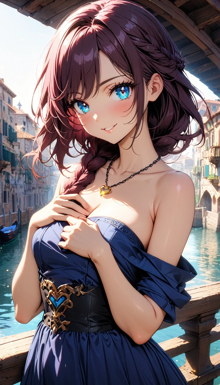 (masterpiece, very aesthetic:1.4), best quality, incredibly absurdres, Accurate, intricate, 8K, stunning, stylized,
ultra-detailed, (incredibly detailed:1.2), simplified details, fine texture,
cinematic, recent, (vibrant:1.2), (clear pictures, clean lines, crisp edges), (illustration:1.2), (soft lighting:1.2),
cowboy shot,
BREAK
1 beautiful girl, 18yo, small face, beautiful detailed face, narrow waist, The beauty and danger of growing from a girl to an adult, A symbol of miraculous beauty, Graceful posture, sensual, bewitching woman, (cleavage:0.8),
(burgundy hair, a long single braid hair:1.4), smooth hair, asymmetrical bangs,
BREAK
(aqua blue eyes), black oblong pupils, (slant eyes, glass-like sparkling eyes are blurry and dreamy, beautiful detailed eyes, growing eyes, long delicate eyelashes, Meticulous Eyelash Details),
BREAK
(navy blue dress, off shoulder, Strapless dress, Sleeveless:1.3), (black corset), (a tiny heart-shaped golden colored ring pendant:1.4),
BREAK
A fantasy world cityscape, sunny afternoon, A city resembling Venice with canals, (Leaning against the railing of a bridge over a large river), Bright lighting, Beautiful world, Blown by the gentle wind, Soft sunlight that induces afternoon drowsiness,
BREAK
gorgeous lips, natural pink lips, beautiful detailed lips, Glossy,
(seductive smile:1.3), (looking side glance), (left hand on own chest:1.2), perfect eyes,