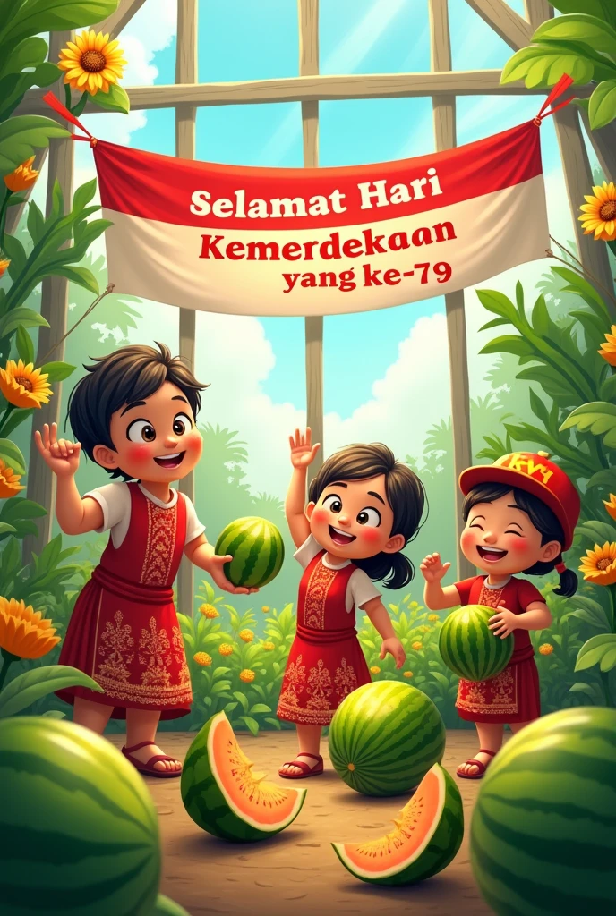 Make a sketch of the celebration of Indonesia's 79th Independence Day with the theme of picking melons in a greenhouse., together with the community with cartoon characters, There are various types of Indonesian flags, writing "Happy 79th Indonesian Independence Day" in Indonesian language.