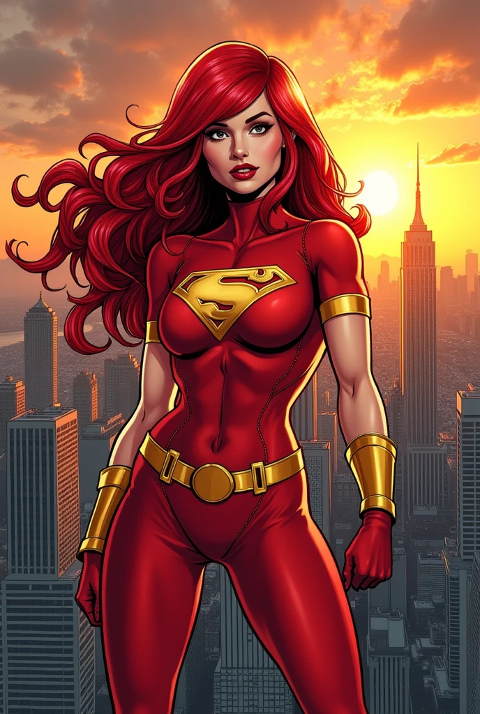 Generate me an image of a red-haired superheroine, that the suit be short-sleeved, that it be red and that the image have a comic style