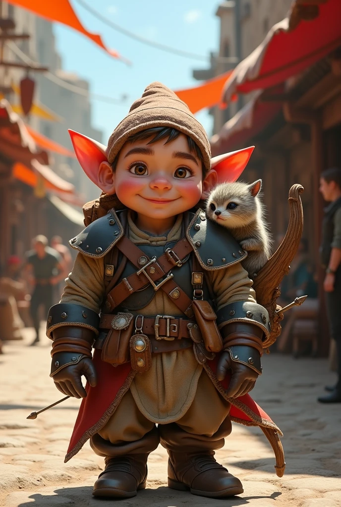 A young gnome with a cunning appearance, with a familiar on its shoulder, with a medieval backpack a short bow, a leather armor
