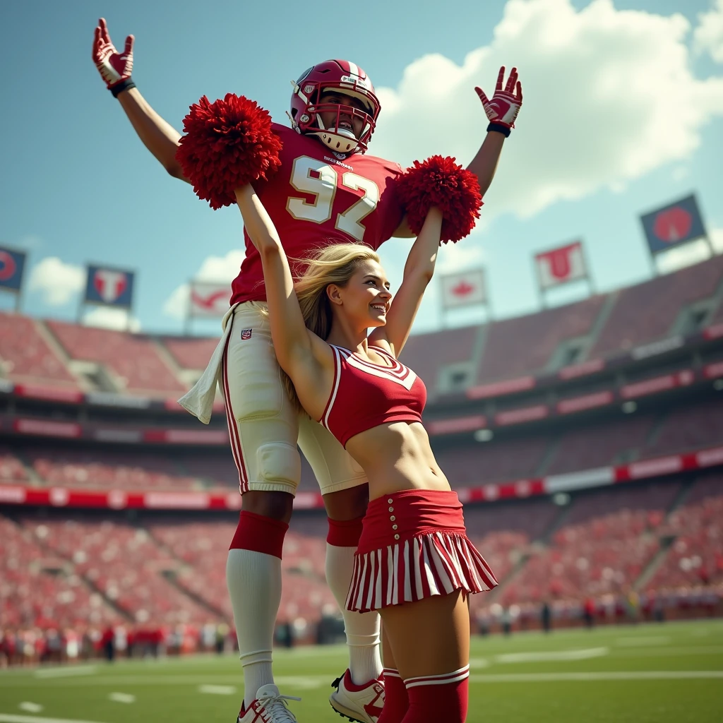 Blonde, Beautiful, and strong cheerleader lifting a large male football player high above her head with her strong arms. Photorealistic. View from a distance. Wide angle.