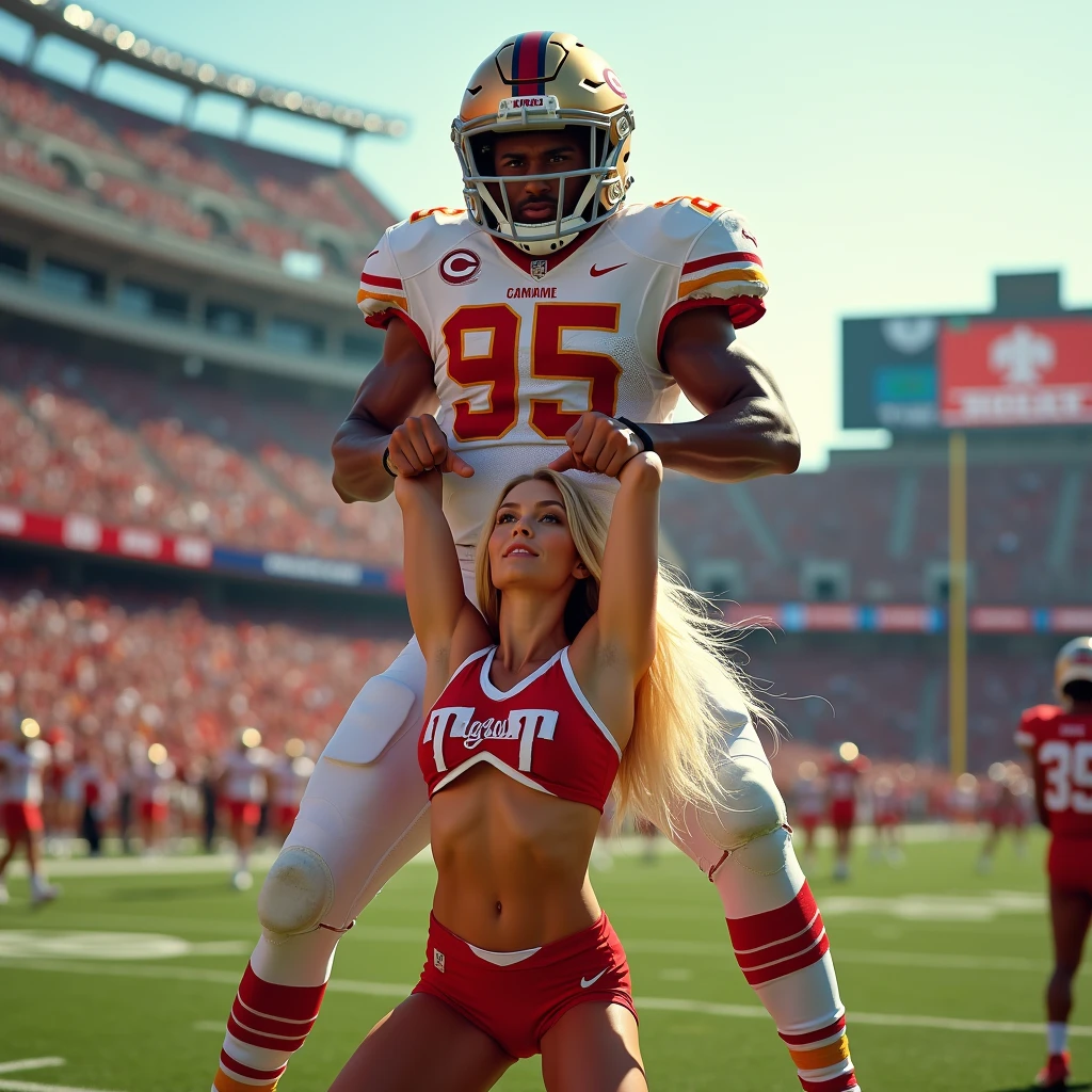 Beautiful completely Naked women long white toenails being cradle carried by a muscular beardess football quarterback. Football player in uniform carrying woman off the ground. Group of cheerleaders in the background.