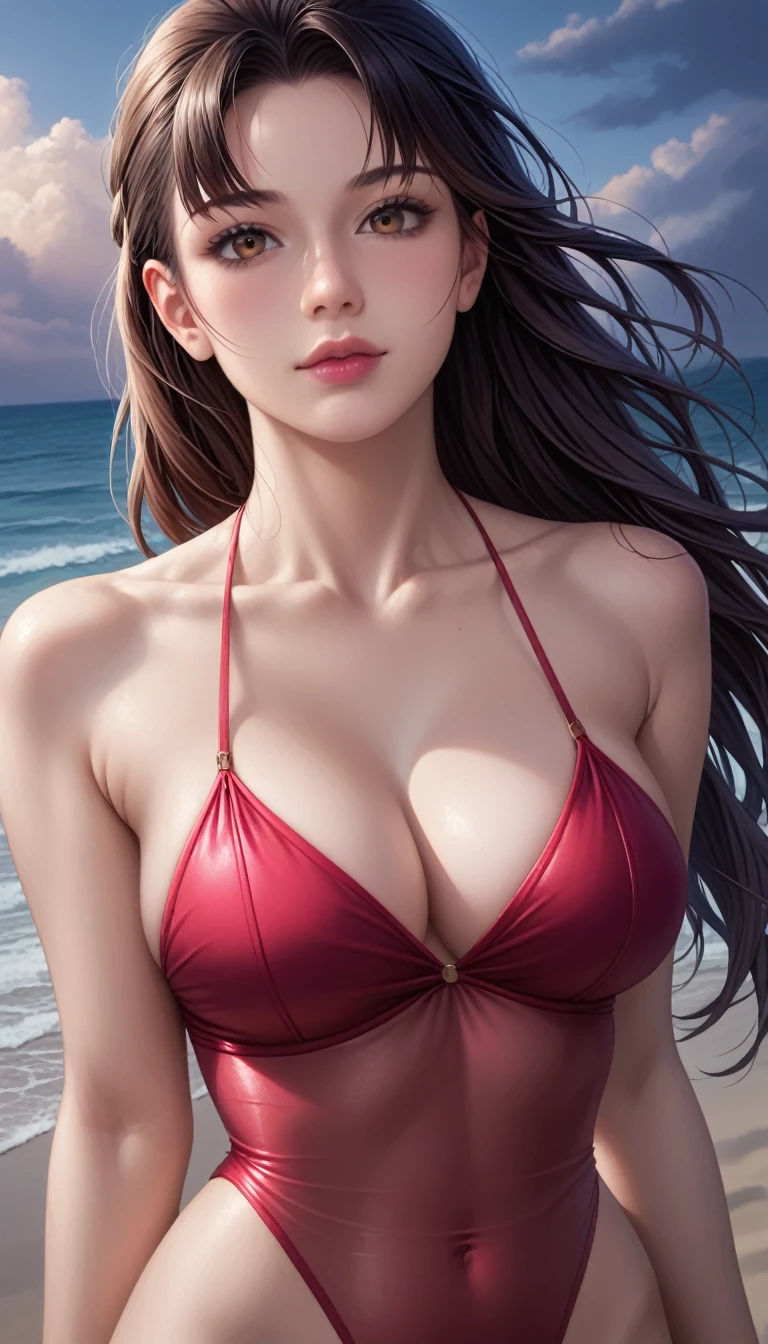 score_9, score_8_superior, score_7_superior, High-resolution CG illustration,A masterpiece in 32K resolution,Highest quality,it is really amazing,Very detailed,Ultra-high resolution,Ultra-realistic,Realistic,Increased depth of field,Cinematic lighting,
Sexy mature Japan woman,
Straight long hair with black hair,Showing his forehead,Ultra-detailed and beautiful face,Calm and gentle look,Beautiful brown eyes,Glossy, moisturized skin,Translucent white skin,Realistic skin texture,Great proportions,
Elegant red swimsuit,
Simple design,Chic color scheme based on red,Detailed fabric texture,
(Dark overcast sky on a dull night:1.1),(Dark clouds filling the sky:1.1),Thundercloud,Coastline at night,Stormy seas,delay々A desolate sandy beach that continues,
Beautiful cleavage,High angle,