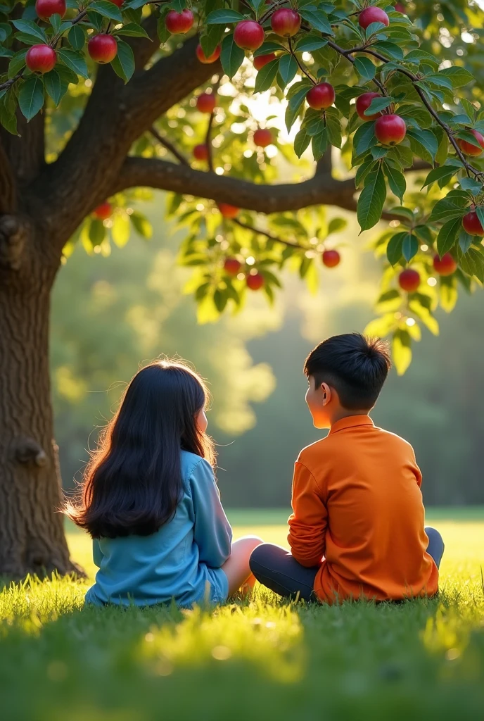 A -yeld giwith long black hair is wearing a long-sleeved blue shirt, black shorts, and black shoes. She is sitting under an apple tree in the backyard with her 18-year-old brother who has short black hair, is wearing an orange shirt, black pants, and black shoes.