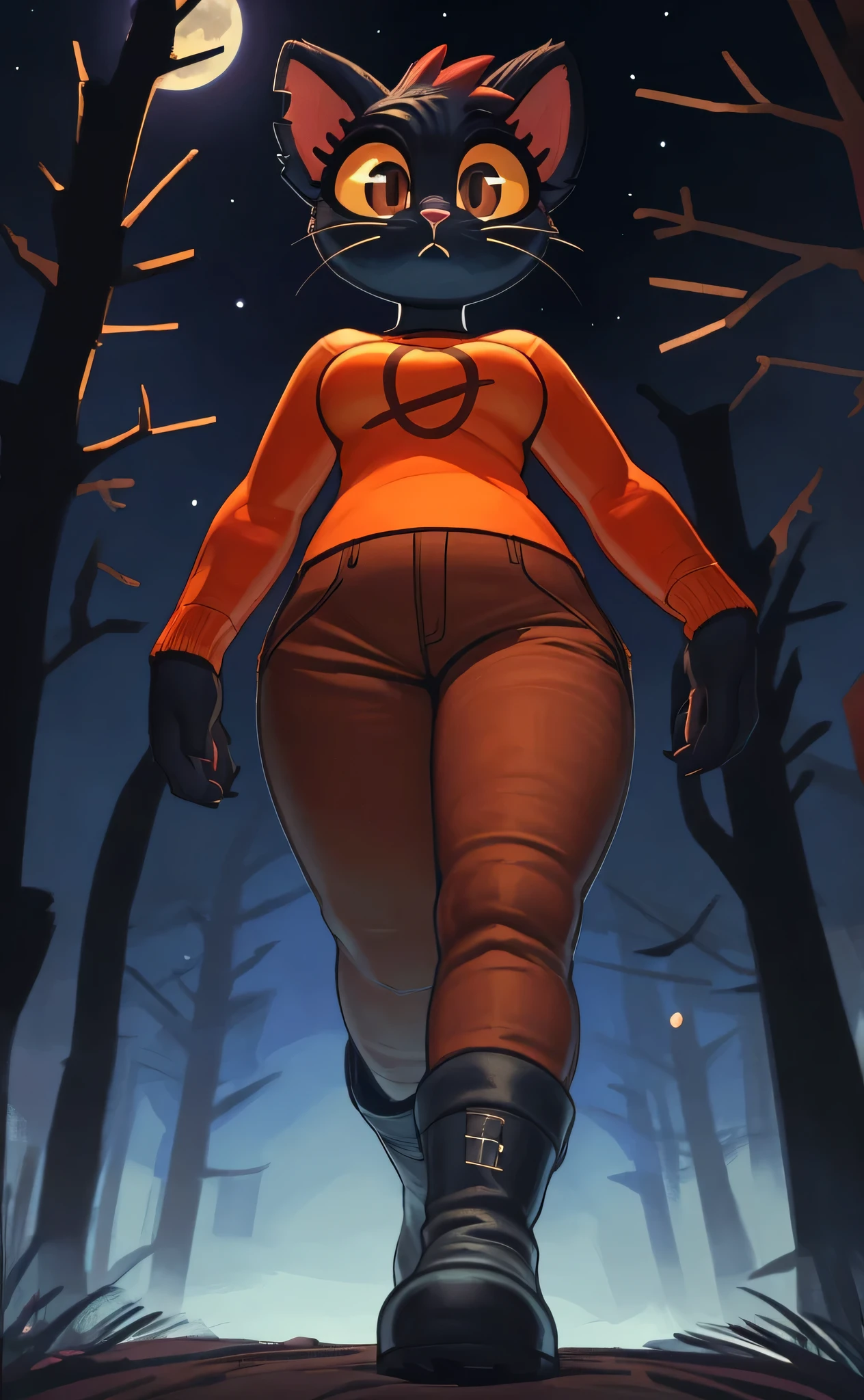 [mae borowski], [Night in the Woods], [Uploaded to e621.net; (Pixelsketcher), (wamudraws)], ((masterpiece)), ((HD)), ((high res)), ((solo portrait)), ((front view)), ((low angle view)), ((feet visible)), ((detailed fur)), ((detailed soft shading)), ((intricate details)), {(plump figure), (black fur), (pink nose), (wide eyes), (cute brown eyes), (yellow sclera), (long eyelashes), (whiskers), (short cat tail), (sharp black claws), (curvy hips), (beautiful legs), (blank expression)}, {(orange tee shirt), (tight brown pants), (black boots)}, {(standing), (looking at viewer)}, [ambient lighting, nighttime, woods, pine trees, moonlight]