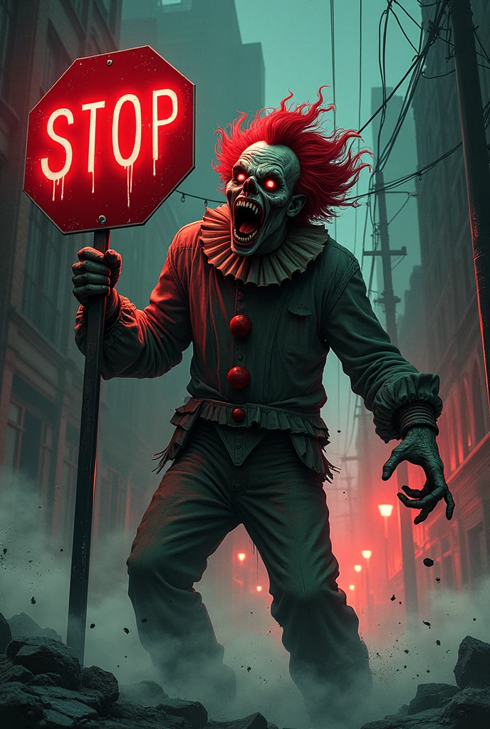 A nightmarish zombie character with dark green skin and an exposed jaw, his huge mouth twisted in a scream. His eyes glow with angry red energy, and he wears a blood-colored clown wig. His torn gray clothing flaps in the wind, as he wields a "STOP" sign menacingly. The scene is set in a desolate urban environment, cracked asphalt streets, and flickering streetlights, with mist rolling through. Blood-red lighting adds to the horror., manga art style, RPG art style