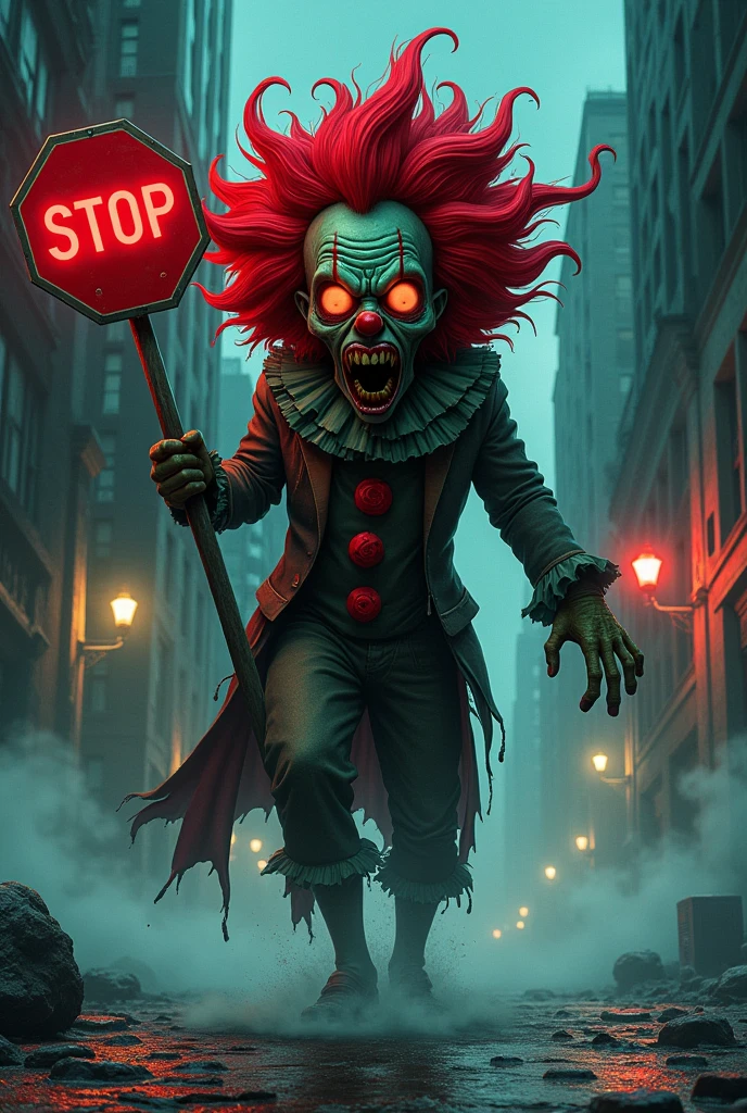 A nightmarish zombie character with dark green skin and an exposed jaw, his huge mouth twisted in a scream. His eyes glow with angry red energy, and he wears a blood-colored clown wig. His torn gray clothing flaps in the wind, as he wields a "STOP" sign menacingly. The scene is set in a desolate urban environment, cracked asphalt streets, and flickering streetlights, with mist rolling through. Blood-red lighting adds to the horror., manga art style, RPG art style