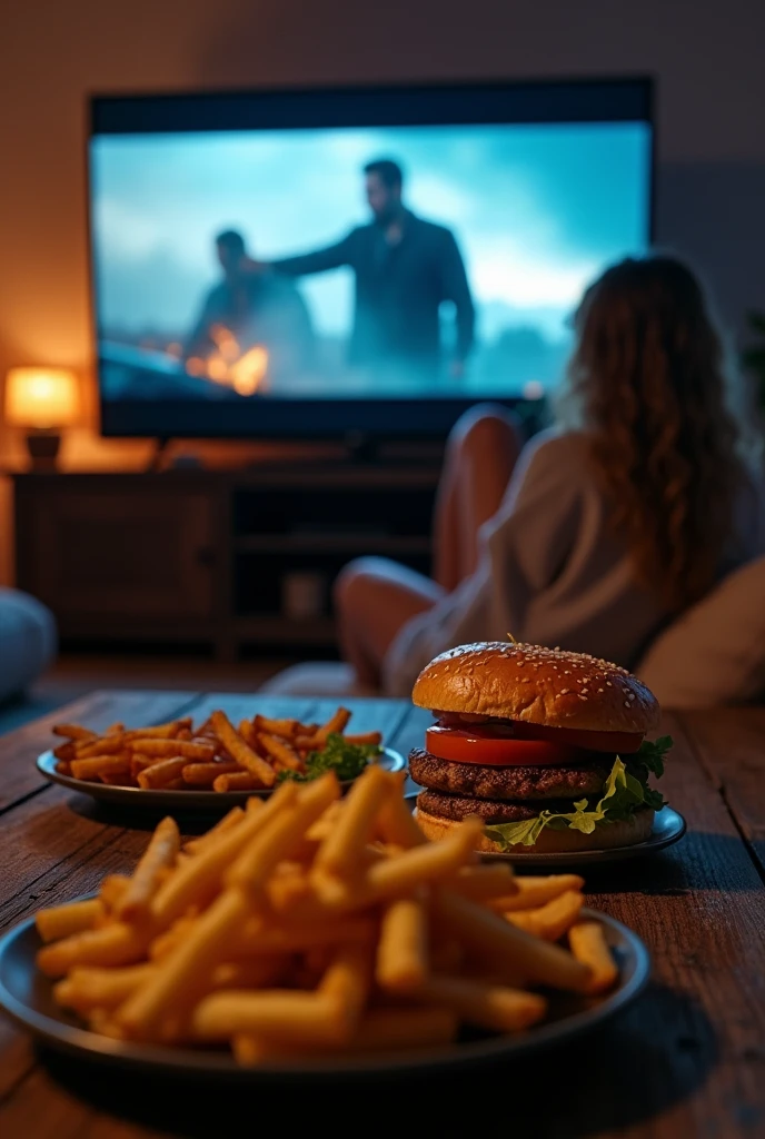 A room with the lights off, TV on with some action movie and on the table there are some snacks like french fries, hamburger and in the background of the photo you can see a woman's leg resting on the table