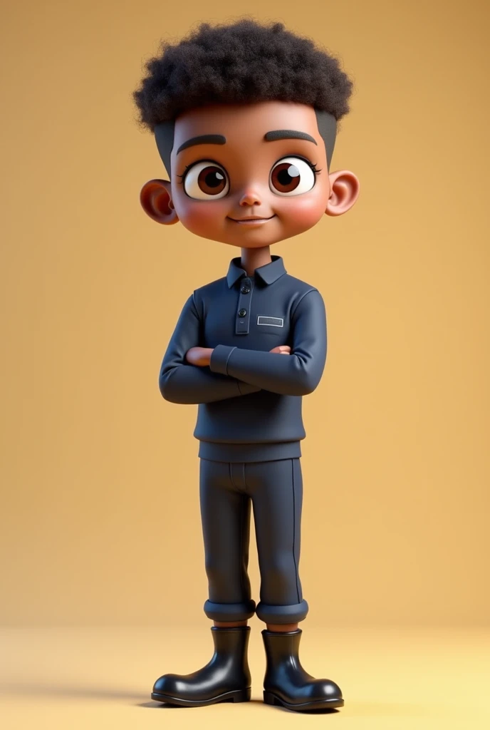 Create a very skinny 3D mascot with an adult face, no beard, male, light brown skin, skinny with a thin face and chin, brown eyes, wearing a dark blue uniform with dark blue pants, no logo, no details, and black boots. , and also with curly hair , 小柄 ,goosebumps and bald with a thin nose .