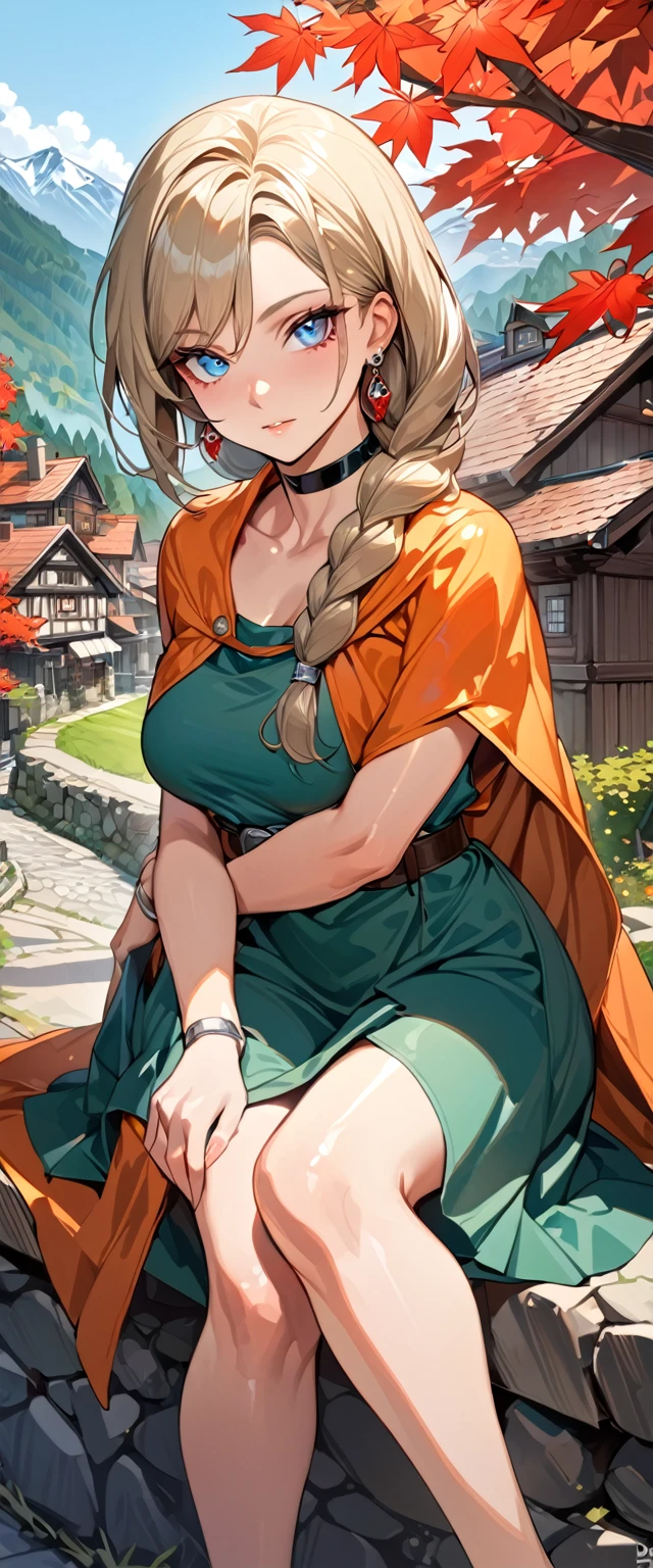 (masterpiece, best quality:1.3), looking at viewer, upper body, portrait, 1girl, solo, dqBianca, blue eyes, single braid, earrings, orange cape, green dress, belt, choker, beautiful eyes, beautiful face, shiny skin, glossy skin, maple trees, village, outdoors, full body