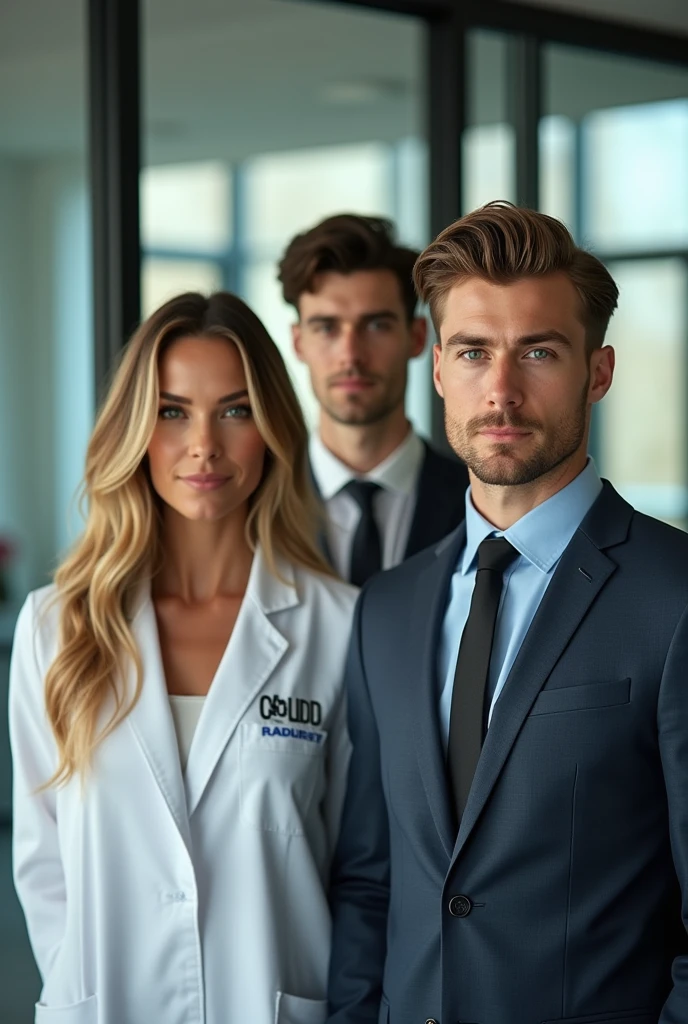 Hi, I need a hyper-realistic image of a beautiful woman with long blonde hair and blue eyes. In the back should be a handsome young executive with brown hair and green eyes and on the other side should be a doctor with dark hair and dark eyes, please.