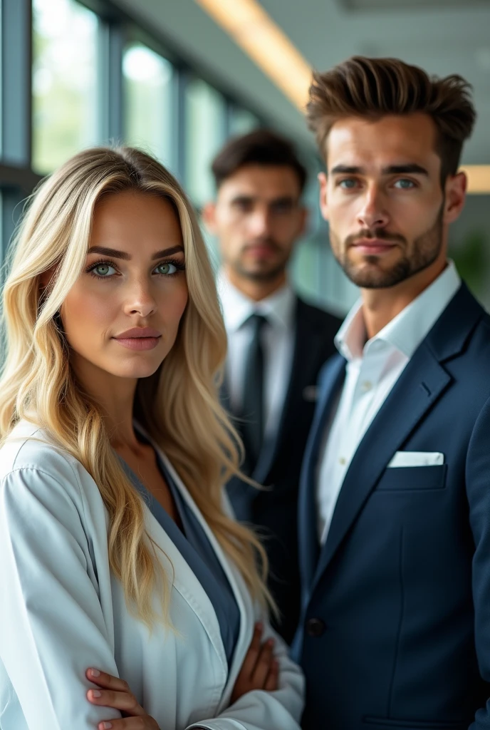 Hi, I need a hyper-realistic image of a beautiful woman with long blonde hair and blue eyes. In the back should be a handsome young executive with brown hair and green eyes and on the other side should be a doctor with dark hair and dark eyes, please.