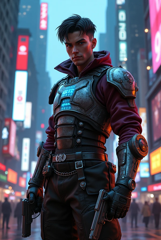 Male RPG, realistic tall, 1,80 white, weighing 80 kg and thin blue eyes, with two pistols, high-breed male clearance, cyberpunk style chest armor with vintage color