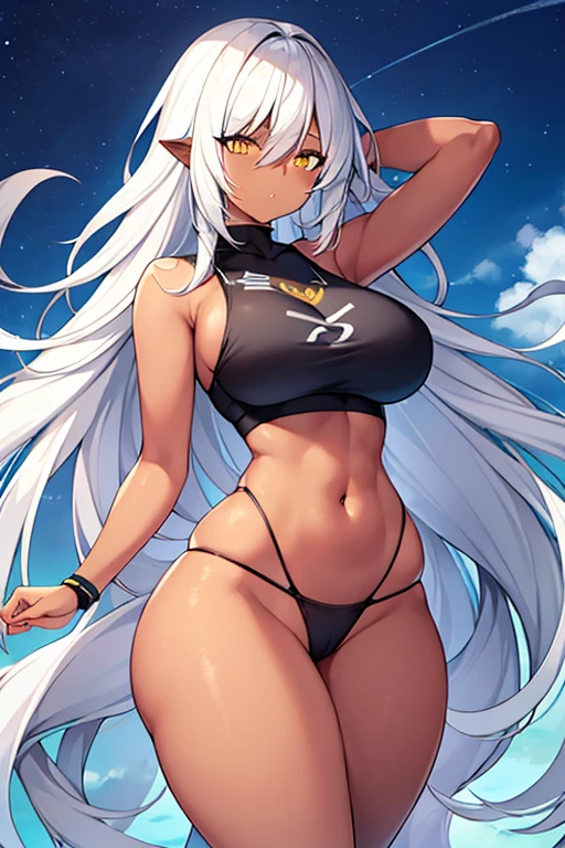 1girl, dark skin, dark-skinned female, white hair, long hair, yellow eyes, large breasts, wide hips, thick thighs, sportswear, shy, sports bra, hourglass figure, mature female, highleg, ((highleg)), bare legs, yellow trim, hair over eyes, long bangs, ((hair over eyes)), ((long bangs)), gold trim, timid, text, number, numbers,