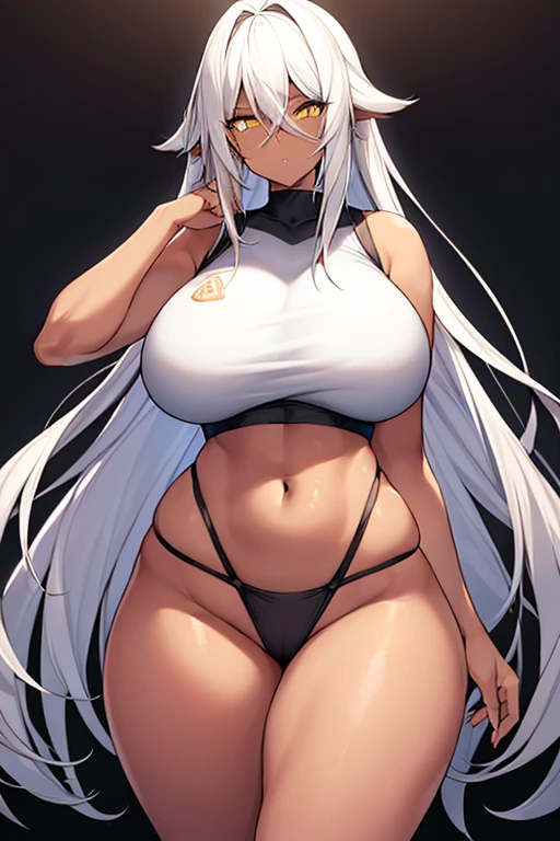 1girl, dark skin, dark-skinned female, white hair, long hair, yellow eyes, large breasts, wide hips, thick thighs, sportswear, shy, sports bra, hourglass figure, mature female, highleg, ((highleg)), bare legs, yellow trim, hair over eyes, long bangs, ((hair over eyes)), ((long bangs)), gold trim, timid, text, number, numbers,